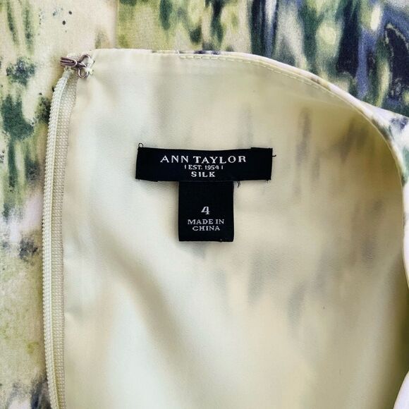 Ann Taylor 91% silk & spandex Assymetrical Neck green Watercolor Sheath Dress - Picture 7 of 7